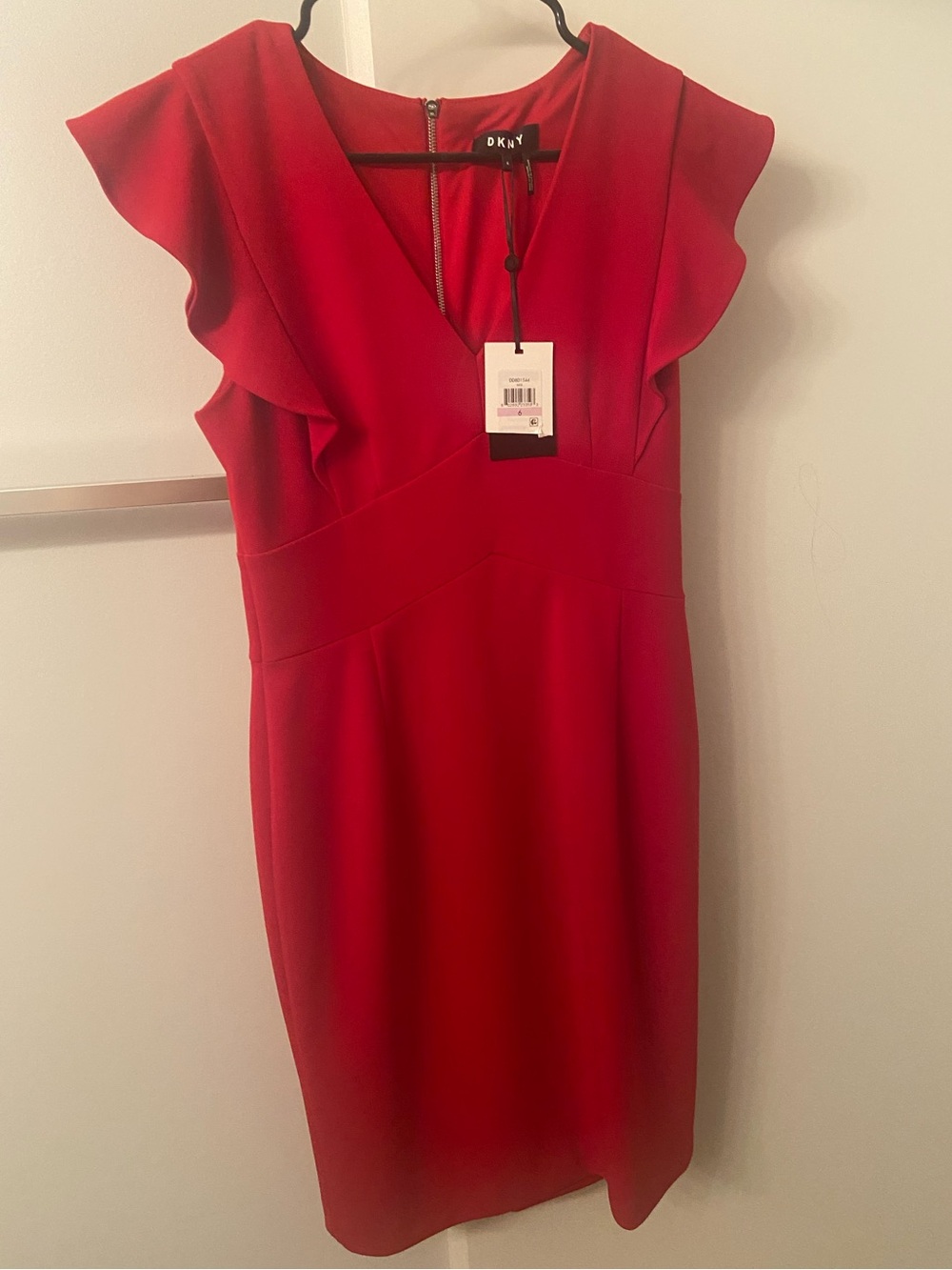 DKNY Red Flutter Sleeve V-Neck Dress